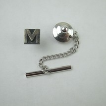 Vintage Monogram Letter M Tie Tack Lapel Pin Silver tone Chain Tie Bar - £7.95 GBP