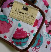 CUPCAKES OVEN MITT SET 2 Piece Potholder Cotton Brown Pink Cake Dessert NEW image 2