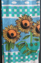 Set of 3 Sunflower Kitchen Tea Towels, Flowers on Blue Green Check, Fringed image 2