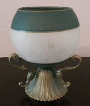 GLASS CANDLE HOLDER Frosted Sphere Green with Brass Metal Base image 2