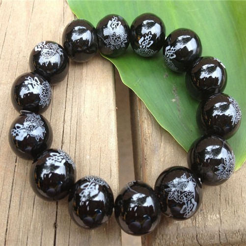 Big Tibetan 14mm Black Agate Lotus Buddha Word Engraved Beaded Amulet Br... - $5.53