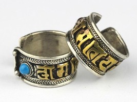 Over Half Inch Wide Solid Tibetan Turquoise Gemstone Golden Om Mani Amul... - $5.36