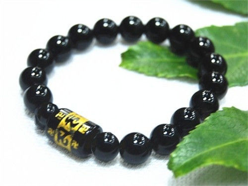 Tibetan 18 10mm Black Agate Gold Plating OM Mani Padme Hum Beaded Bracelet - $7.08