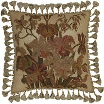 Hand-Embroidered Throw Pillow 20x20 Irises, Flowers Brown,Beige,Tan Canvas - £215.02 GBP