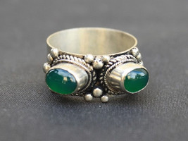 Big Solid Tibetan Silver Plated Two Green Jade Gemstone Dotted Ring Thum... - $215.53 MXN