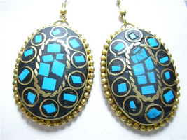 Pair Tibetan Oval Natural Turquoise Gemstone Inlay Brass Pendant Amulet ... - $8.05