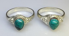 Pair Solid Tibetan Silver Love Heart Turquoise Gemstone Dotted Amulet Ring - $167.01 MXN