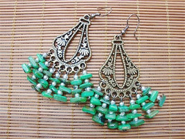 Big Tibetan Brass Plate 7 Imitation Green Turquoise Beaded Dangle Earrings - $3.67