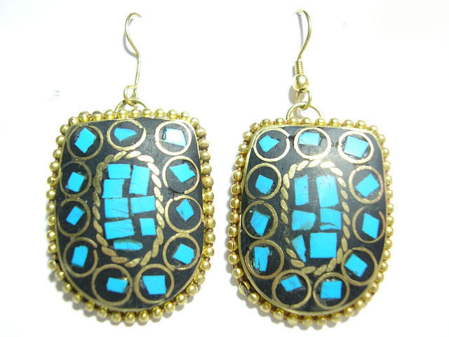 Pair Delicate Tibetan Turquoise Gemstone Inlay Brass Pendant Amulet Earr... - $8.05