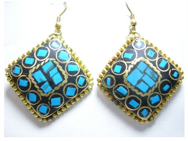 Pair Tibetan Turquoise Gemstone Inlay Diamond Shaped Brass Pendant Earrings - $6.26