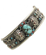 Giant Tibetan Turquoise Red Coral Gemstone Dorje Dragon Amulet Cuff Brac... - $32.95 CAD
