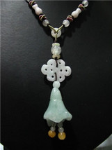 Delicate Beaded Chain Jadeite Jade Lucky Eternal Knot Trumpet Flower Nec... - $22.45