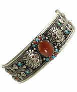 Giant Tibetan Big Agate Turquoise Red Coral Gemstone Dorje Dragon Cuff B... - $36.60 CAD