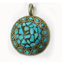 Vintage Big Thick Tibetan Copper Brass Turquoise Gemstone Inlays Amulet ... - $133.27 MXN