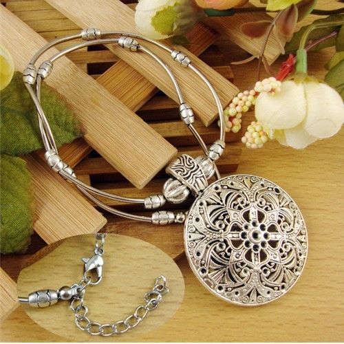 Huge Vintage Tibetan Silver Hollow out Auspicious Patten Medallion Necklace - $8.05