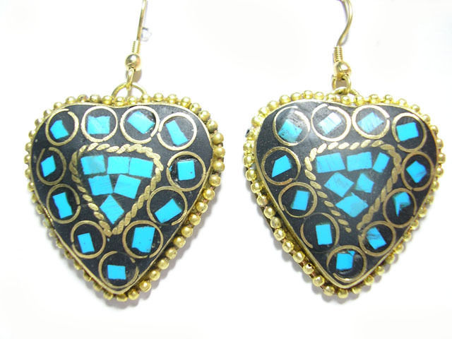 Pair Delicate Nepal Heart Shaped Turquoise Gemstone Inlay Brass Pendant ... - $7.15