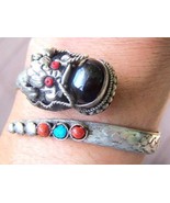 Tibetan Onyx Turquoise Red Coral Gemstone Carved Dragon Amulet Cuff Brac... - $25.46 CAD