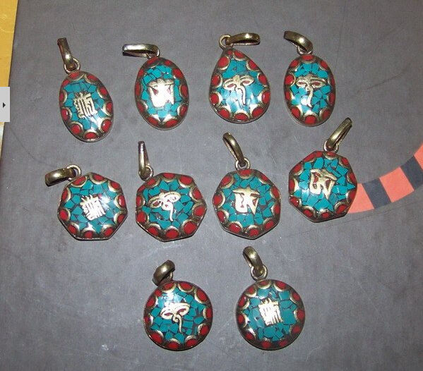 Tibetan Brass Turquoise Red Coral Carved Buddha Eye TearDrop Amulet Pendant - $4.00