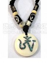 Tibetan Cloisonne Mantra OM Spiral Engraved Yak Bone Beaded Pendant Neck... - $4.60