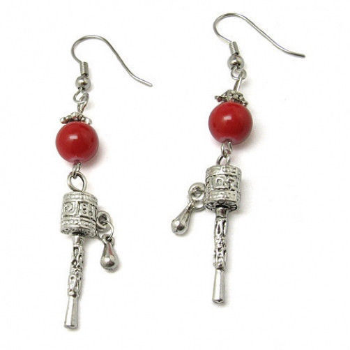 Pair Vintage Tibetan Red Coral Mantra OM Mani Spin Prayer Wheel Dangle E... - $3.55