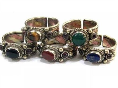 Solid Adjustable Tibetan 3-color Copper Lapis Garnet 3 Gemstone Dotted Ring - $8.96