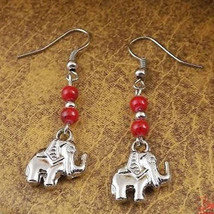 Pair Delicately Carved Elephant Dangle Red Coral Beaded Earrings - $7.17