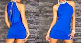 High Sequin Neck Blue Sexy Women Mini Bodycon Cocktail Party Dress G-str... - $10.74