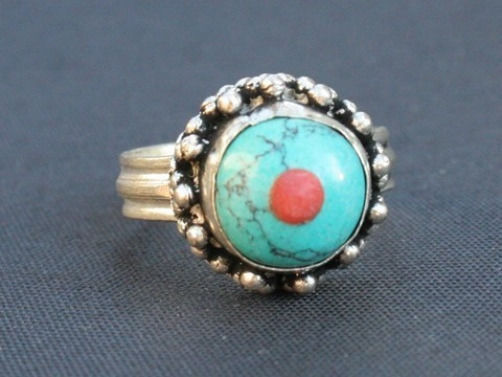Delicate Tibetan Thick Plate Coral Big Turquoise Inlay Ring -US Size 8.5... - $7.15