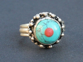 Delicate Tibetan Thick Plate Coral Big Turquoise Inlay Ring -US Size 8.5... - $139.12 MXN