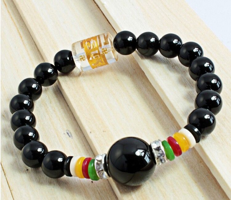 Stretchy Tibetan OM Mani Padme Hum 8mm Black Agate Prayer Beads Mala Bra... - $3.67