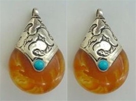 2PCS Big Tibetan Turquoise Sterling Silver Repousse Beeswax Amber Pendan... - $15.25