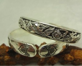 Long &amp; Thick Tibetan Silver Sunrise Dragon Phoenix Engraved Cuff Bracele... - $8.05