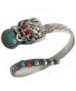 Vintage Tibetan Turquoise Red Coral Gemstone Carved Dragon Amulet Cuff B... - $26.14 CAD