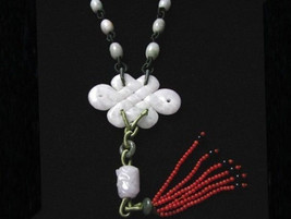 Huge Red Coral Beaded Fringe Jadeite Jade Dragon Pole Luck Eternal Knot ... - $22.24
