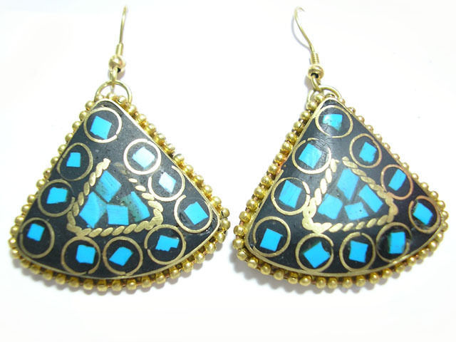 Pair Delicate Tibetan Fan Shape Turquoise Gemstone Inlay Brass Pendant E... - $8.05