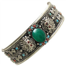 Giant Tibetan Green Jade Turquoise Red Coral Gemstone Dragon Dorje Cuff ... - €23,58 EUR