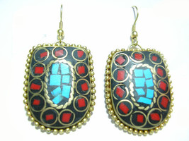 An item in the Jewelry & Watches category: Pair Delicate Tibetan Turquoise Red Coral Gemstone Inlay Brass Pendant Earrings