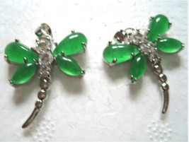 Delicate 925 Sterling Silver Crystal Emerald Jade Dragonfly Amulet Pendant - $9.75
