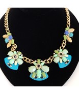 J Crew Statement Necklace Gold Tone Aqua Rhinestones Green Jeweled Clust... - £25.16 GBP