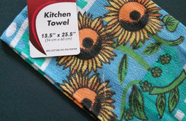 Set of 3 Sunflower Kitchen Tea Towels, Flowers on Blue Green Check, Fringed image 3