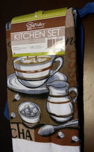 COFFEE KITCHEN SET 5-pc Towel Potholder Oven Mitt Cloths Brown Blue Cafe Mocha image 2