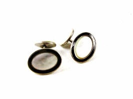 Vintage Silver Tone Black &amp; Mother of Pearl Cufflinks 92916 - £18.32 GBP