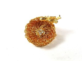 Gold Tone Bird In Nest &amp; Rhinestones 4 Eggs Brooch By Direction One 8116 - £15.14 GBP