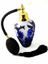 Gold Tone Blue &amp; Black Art Glass Flowers Perfume Bottle &amp; Atomizer 1117 - £35.95 GBP