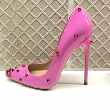 Tikicup Women Patent Pink Pointy Toe High Heel Shoes with Spikes Sexy Ladies Riv - £63.53 GBP