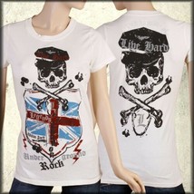 Motor City Legends Skull Shield Flag Punk Rock Biker Womens T-Shirt White M - $26.19