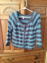 Women&#39;s Blue grey stripe fuzzy sweater top By original Arizona jean Size Large - £23.64 GBP