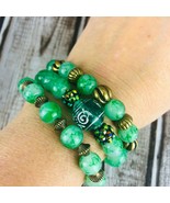 Green Crystal Glass 3 Stack Bracelet Handcrafted Antique Gold Stretch  - £23.69 GBP