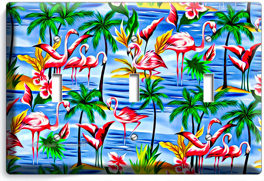 PINK FLAMINGOS PARADISE ISLAND PALM TREES TRIPLE LIGHT SWITCH WALL PLATE DECOR