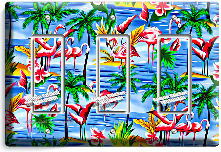 PINK FLAMINGO PARADISE ISLAND PALM TREE TRIPLE GFI LIGHT SWITCH WALL PLATE DECOR
